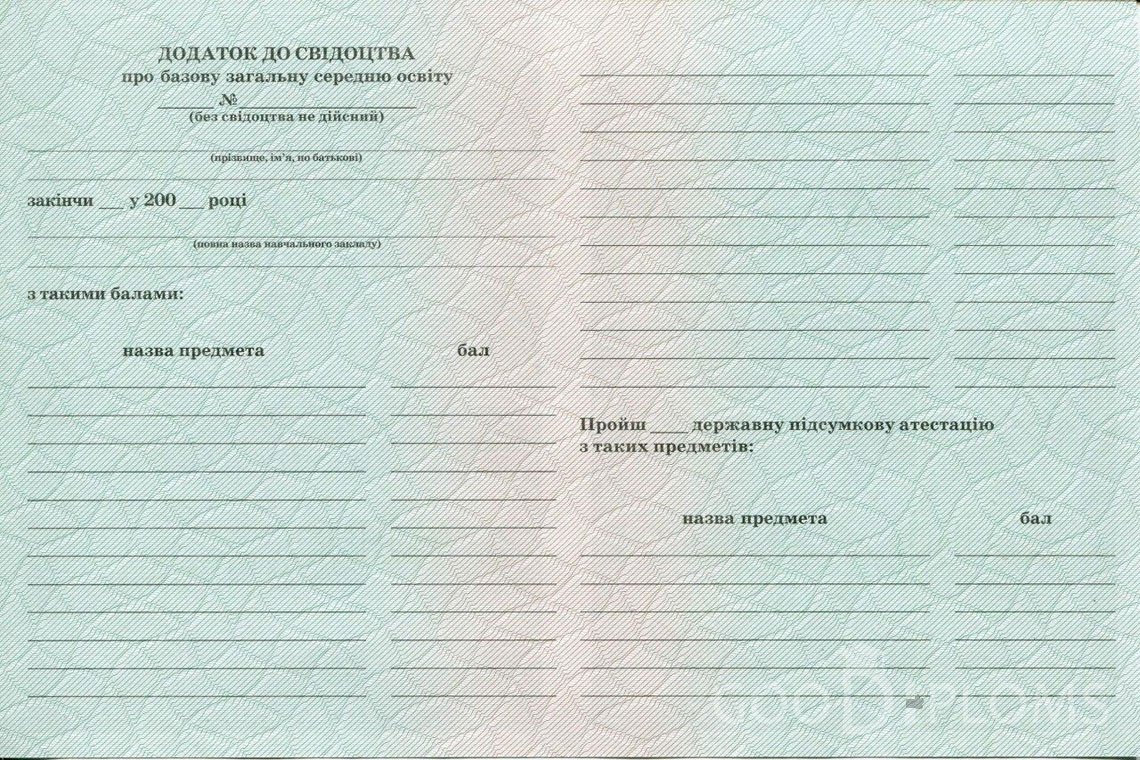 Украинский аттестат за 9 класс - Обратная Сторона приложения- Назрань